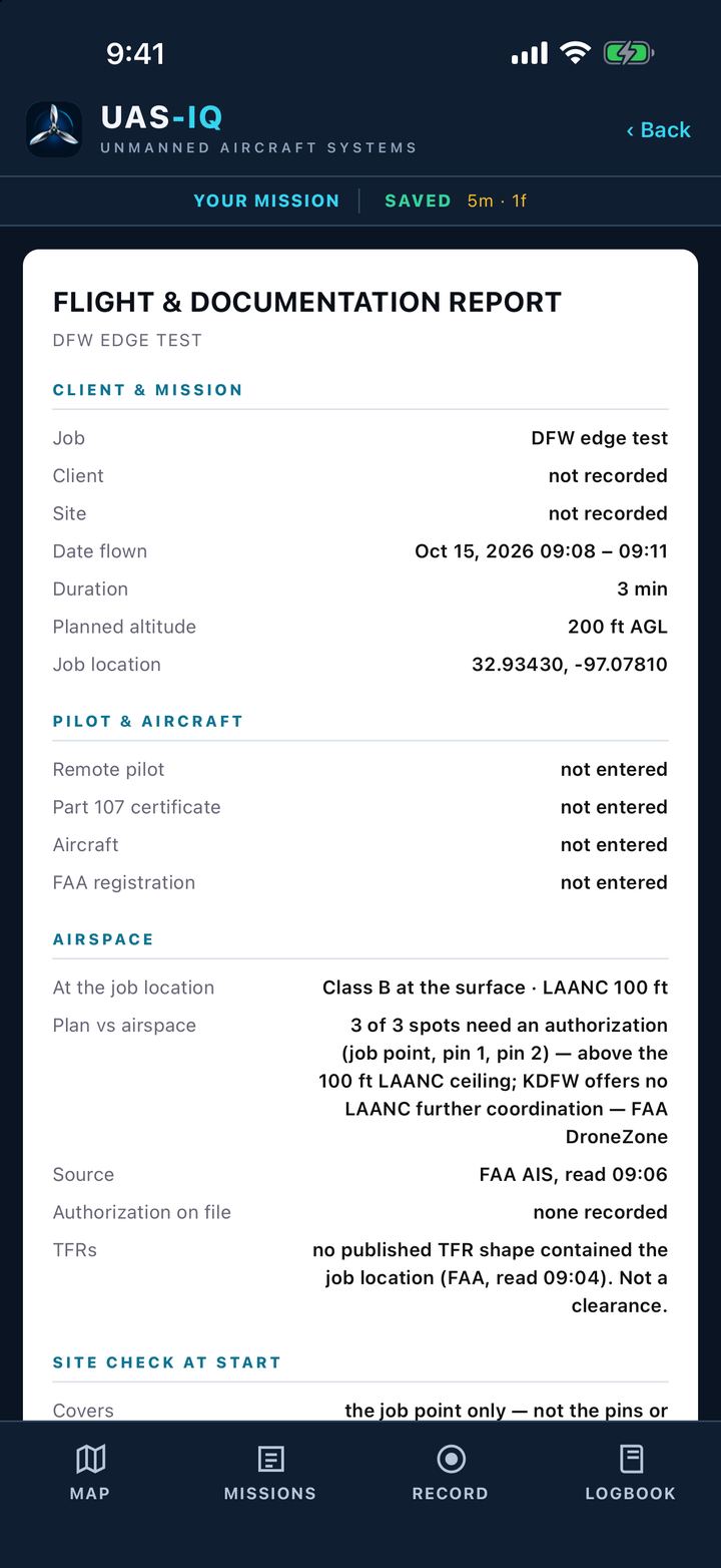 Flight and Documentation Report: client and mission, pilot and aircraft, airspace and authorization